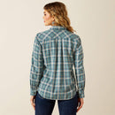 Women's Ariat Aquamarine Dobby plaid long sleeve button up shirt. Rear view showing shirt untucked.