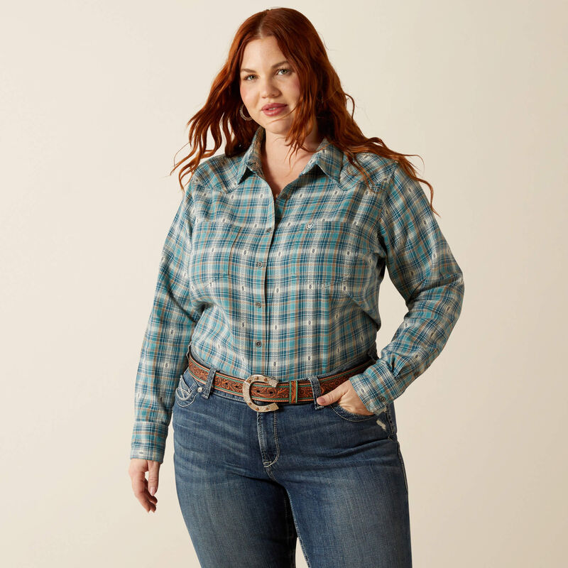 Women's Ariat Aquamarine Dobby plaid long sleeve button up shirt. Front view shirt tucked. 
