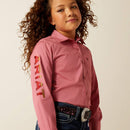 Girls Ariat long sleeve logo shirt in Mauvewood. Front view showing the ombre Ariat logo on sleeve. 