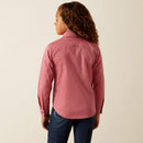 Girls Ariat long sleeve logo shirt in Mauvewood. Rear view showing Ariat logo on straight yoke. Shirt untucked