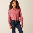 Girls Ariat long sleeve logo shirt in Mauvewood. Front view with shirt tucked in. 