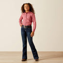 Girls Ariat long sleeve logo shirt in Mauvewood. Full front view showing shirt tucked in. 