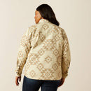 Back view of women's Ariat shirt jacket showing top back yoke, 2-button cuffs with 1-button sleeve placket. Curved back hem hits low seat.