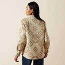 Back view of women's Ariat shirt jacket showing top back yoke, 2-button cuffs with 1-button sleeve placket. Curved back hem hits low seat.