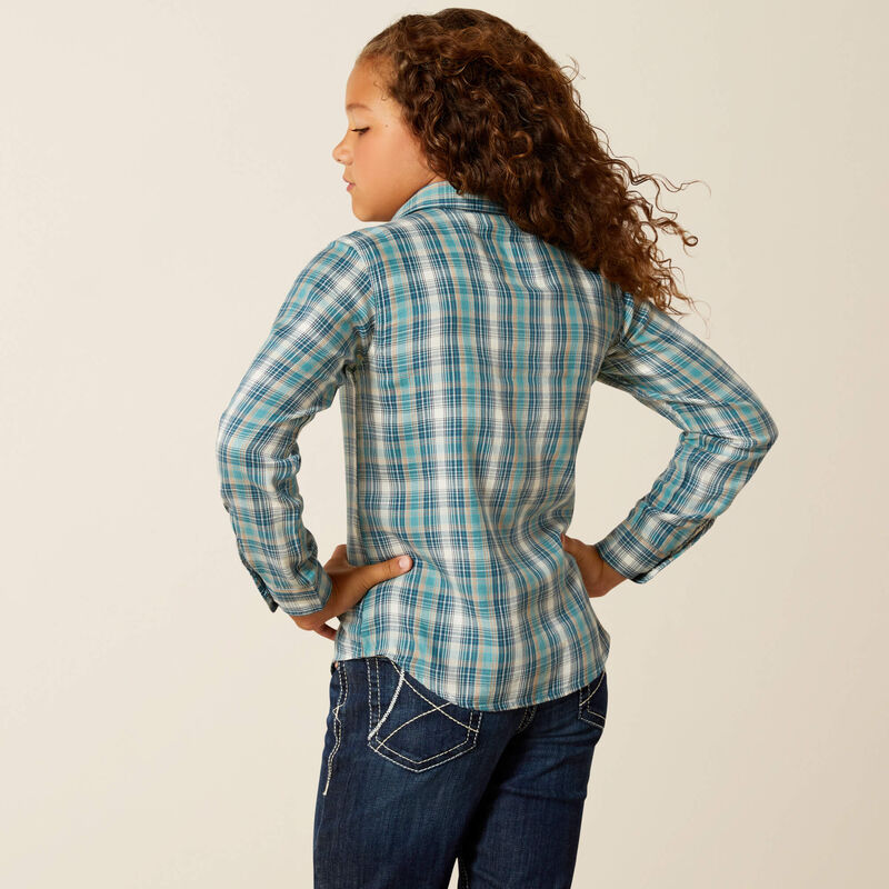 Girl's Ariat long sleeve pearl snap shirt in Aquamarine Plaid. Front view showing shirt untucked. Rear view showing shirt untucked. 