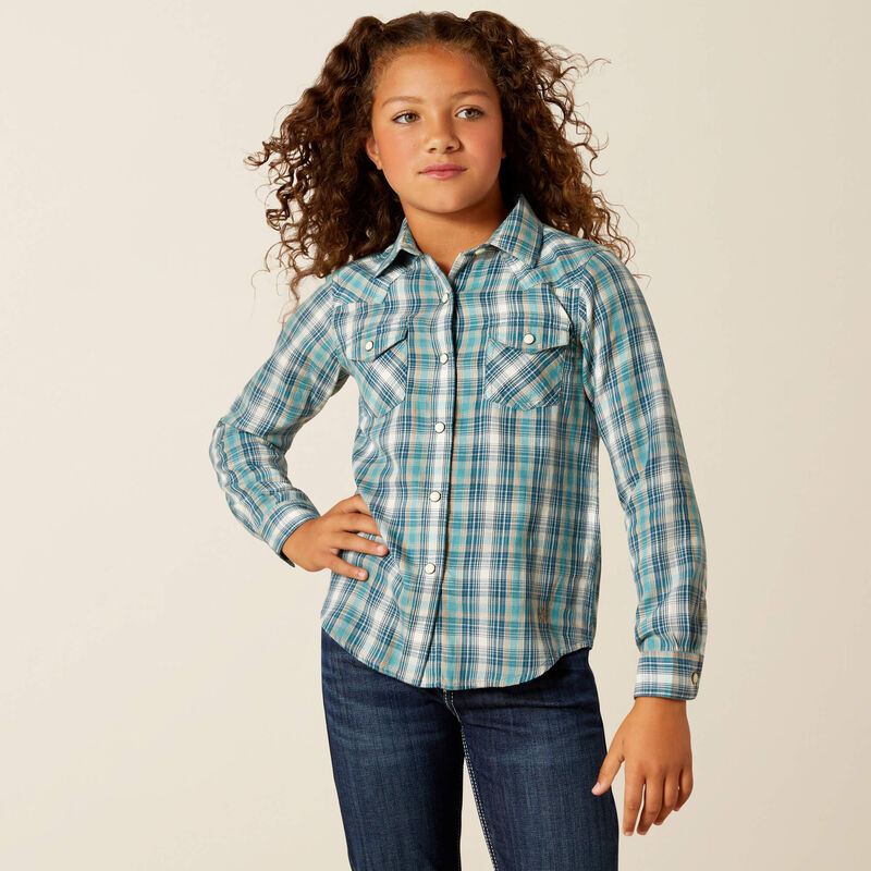 Girl's Ariat long sleeve pearl snap shirt in Aquamarine Plaid. Front view showing shirt untucked. 