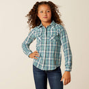 Girl's Ariat long sleeve pearl snap shirt in Aquamarine Plaid. Front view showing shirt untucked. 