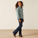 Girl's Ariat long sleeve pearl snap shirt in Aquamarine Plaid. Front view showing shirt untucked. Full front view