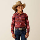 Girl's Ariat long sleeve shirt in Rosa Southwestern, shirt has pearl snaps and a Southwestern style pattern in burgundy and red tones. 