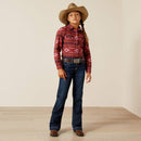 Girl's Ariat long sleeve shirt in Rosa Southwestern, shirt has pearl snaps and a Southwestern style pattern in burgundy and red tones. Front view showing shirt untucked. 