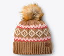 Tan knit beanie with a patterned design and fur pom-pom. Small Ariat logo leather patch on band.