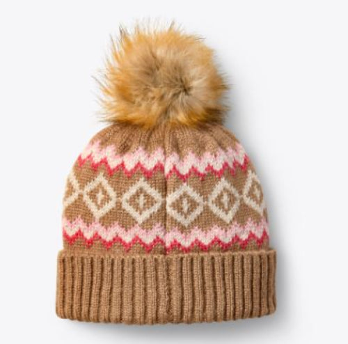Tan knit beanie with a patterned design and fur pom-pom. Back view.