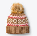 Tan knit beanie with a patterned design and fur pom-pom. Back view.