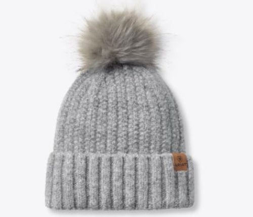 Heather Grey knit beanie with a fur pom-pom with small Ariat logo leather patch.