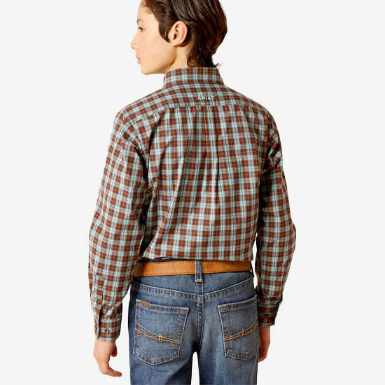 Boy's Ariat long sleeve shirt in Bitter Chocolate Plaid. Rear view showing shirt tucked in. 