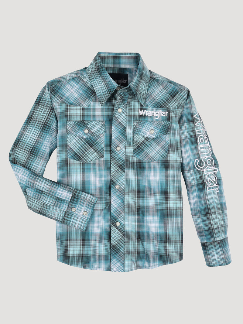 Boy's Wrangler 112330338 Teal Plaid Logo Western Snap Shirt