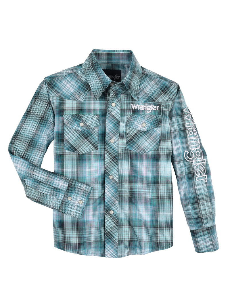 Boy's Wrangler 112330338 Teal Plaid Logo Western Snap Shirt