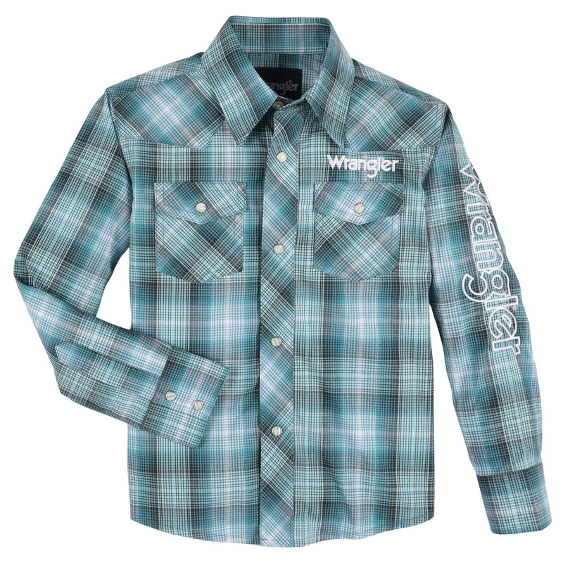 Boy's Wrangler 112330338 Teal Plaid Logo Western Snap Shirt