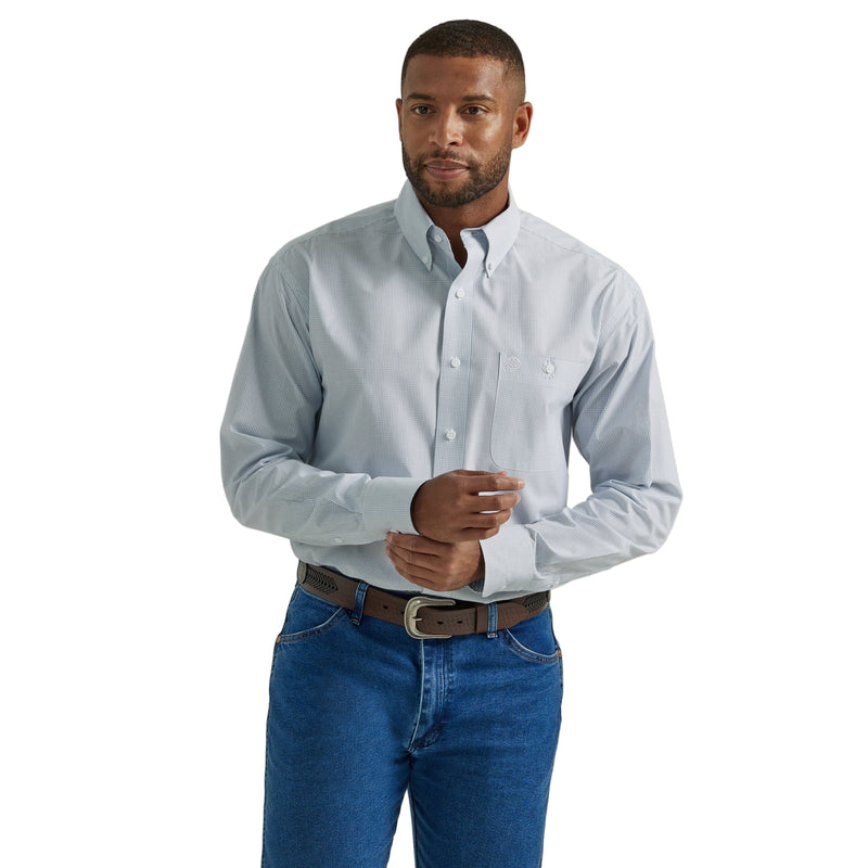 Men's Wrangler 112331806 George Strait Long Sleeve Button Up Shirt in Small Blue Plaid with Contrast Cuff Lining