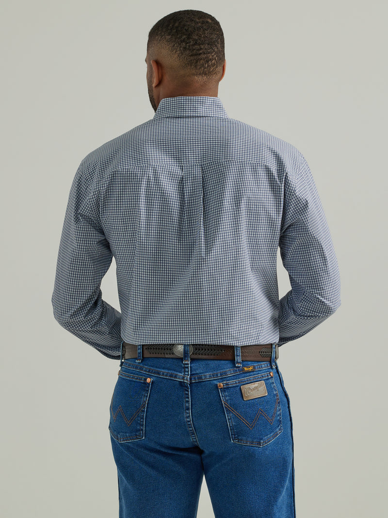 Men's Wrangler 112331816 George Strait Long Sleeve Button Up Shirt in Small Blue Plaid with Contrast Cuff Lining