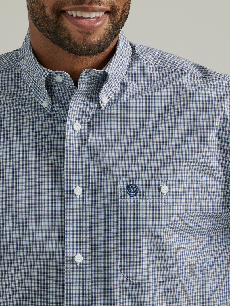 Men's Wrangler 112331816 George Strait Long Sleeve Button Up Shirt in Small Blue Plaid with Contrast Cuff Lining