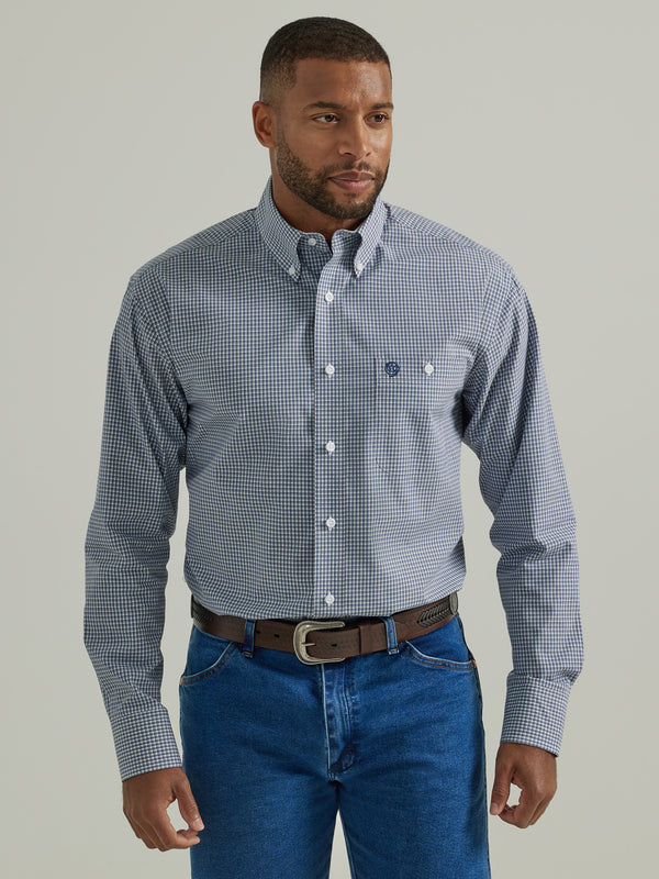 Men's Wrangler 112331816 George Strait Long Sleeve Button Up Shirt in Small Blue Plaid with Contrast Cuff Lining