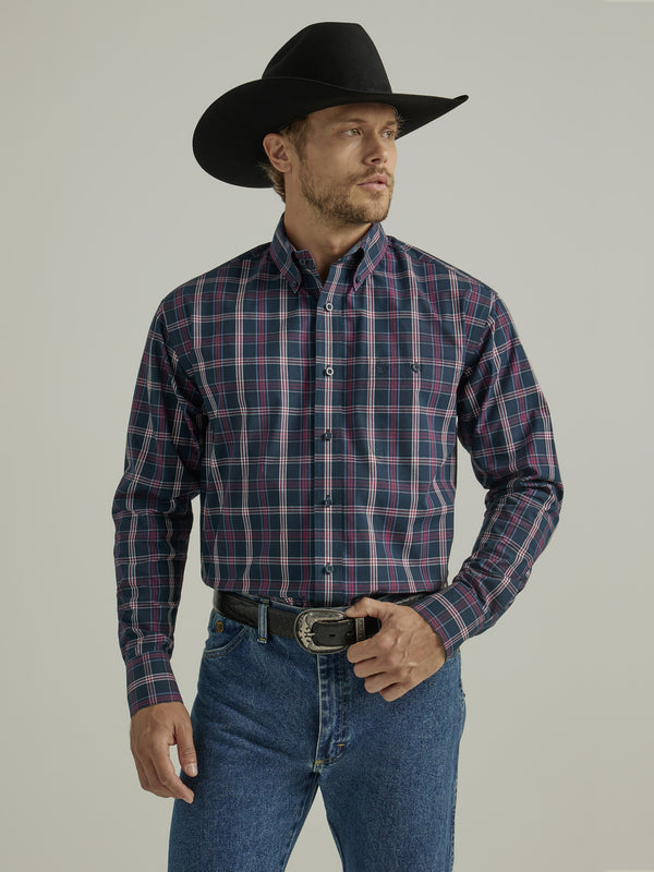 Men's Wrangler 112331817 George Strait Long Sleeve Button Up Shirt Blue Red Plaid With Contrast Cuff Lining