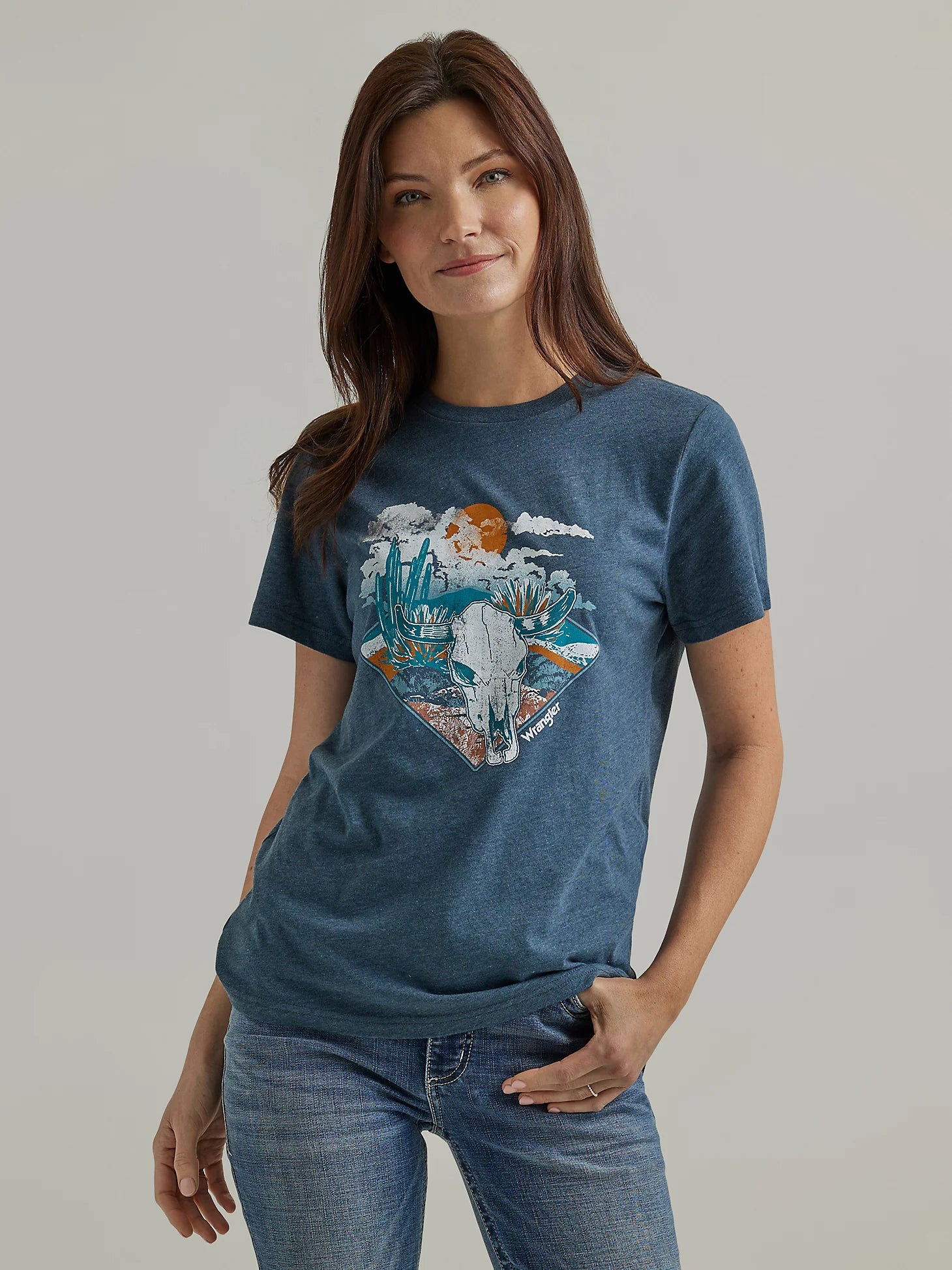 Women's Wrangler Retro® Cowskull Graphic Heather Blue Short Sleeve Tee Shirt