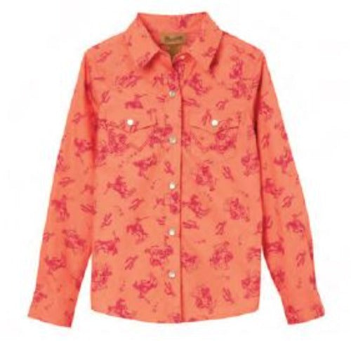 Girl's Wrangler 112344176 Coral Rodeo Print Long Sleeve Western Shirt