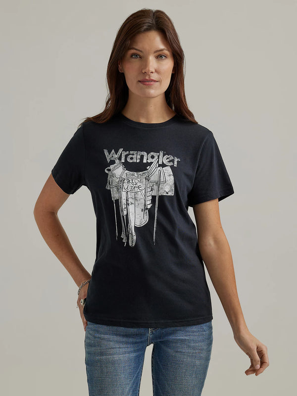 Women's Wrangler 112344186 Retro Western Graphic Black Short Sleeve Tee Shirt