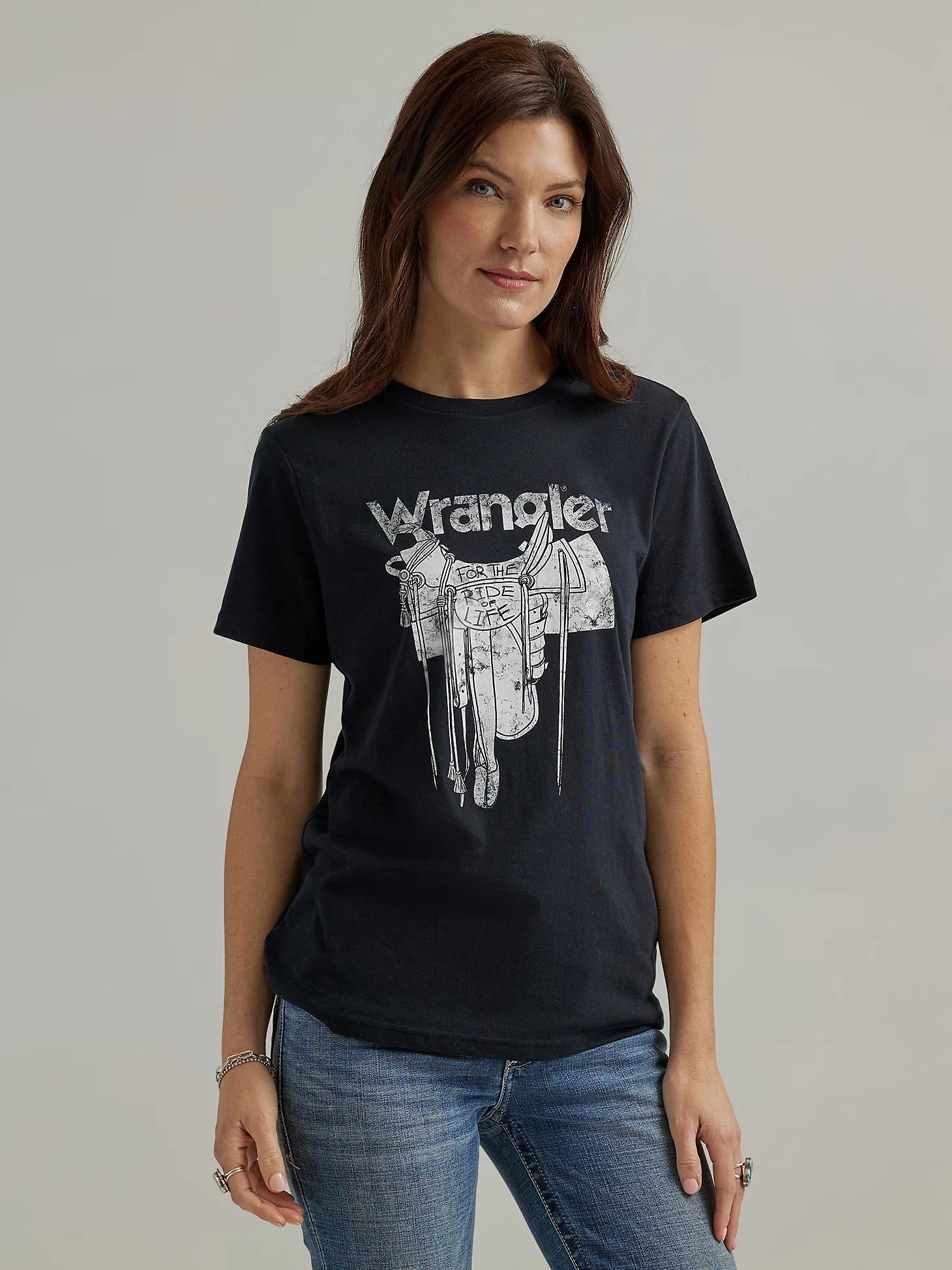Women's Wrangler Retro Western Graphic Black Short Sleeve Tee Shirt