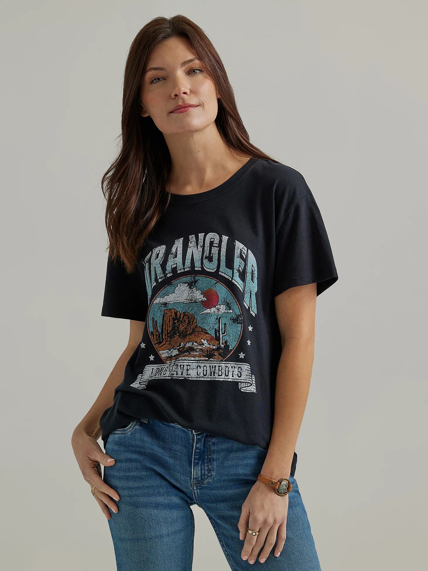 Women's Wrangler Long Live Cowboys Black Short Sleeve Tee Shirt