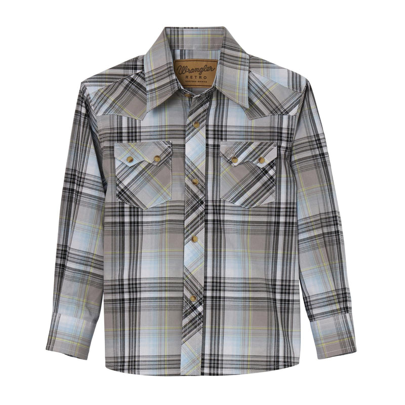 Boy's Wrangler 112344305 Retro Gray Plaid Western Snap Long Sleeve Shirt