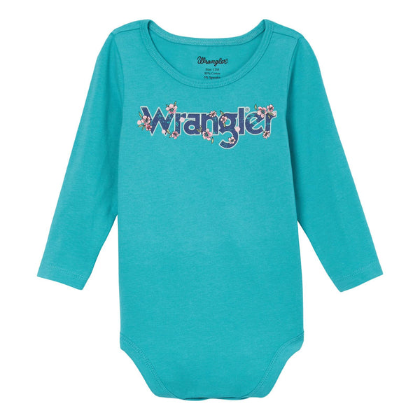 Baby Girl's Wrangler 112344365 Teal Wrangle Logo Long Sleeve Snap Body Suit