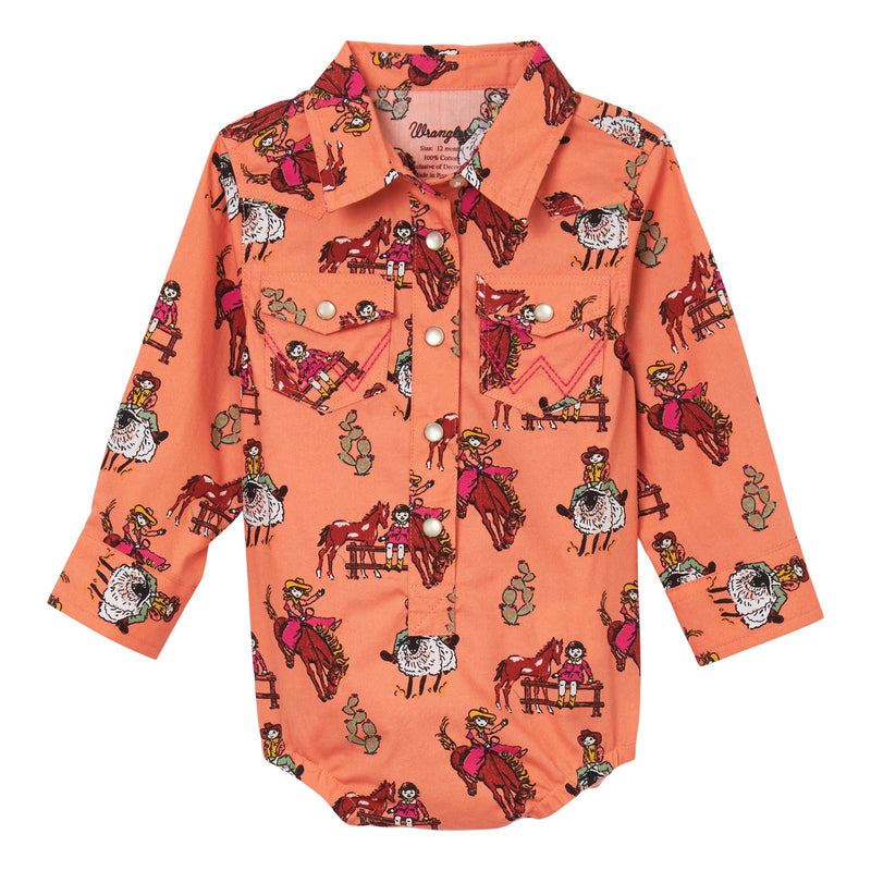Baby Girl's Wrangler 112344395 Orange Rodeo Print Long Sleeve Snap Body Suit *CLOSEOUTS*