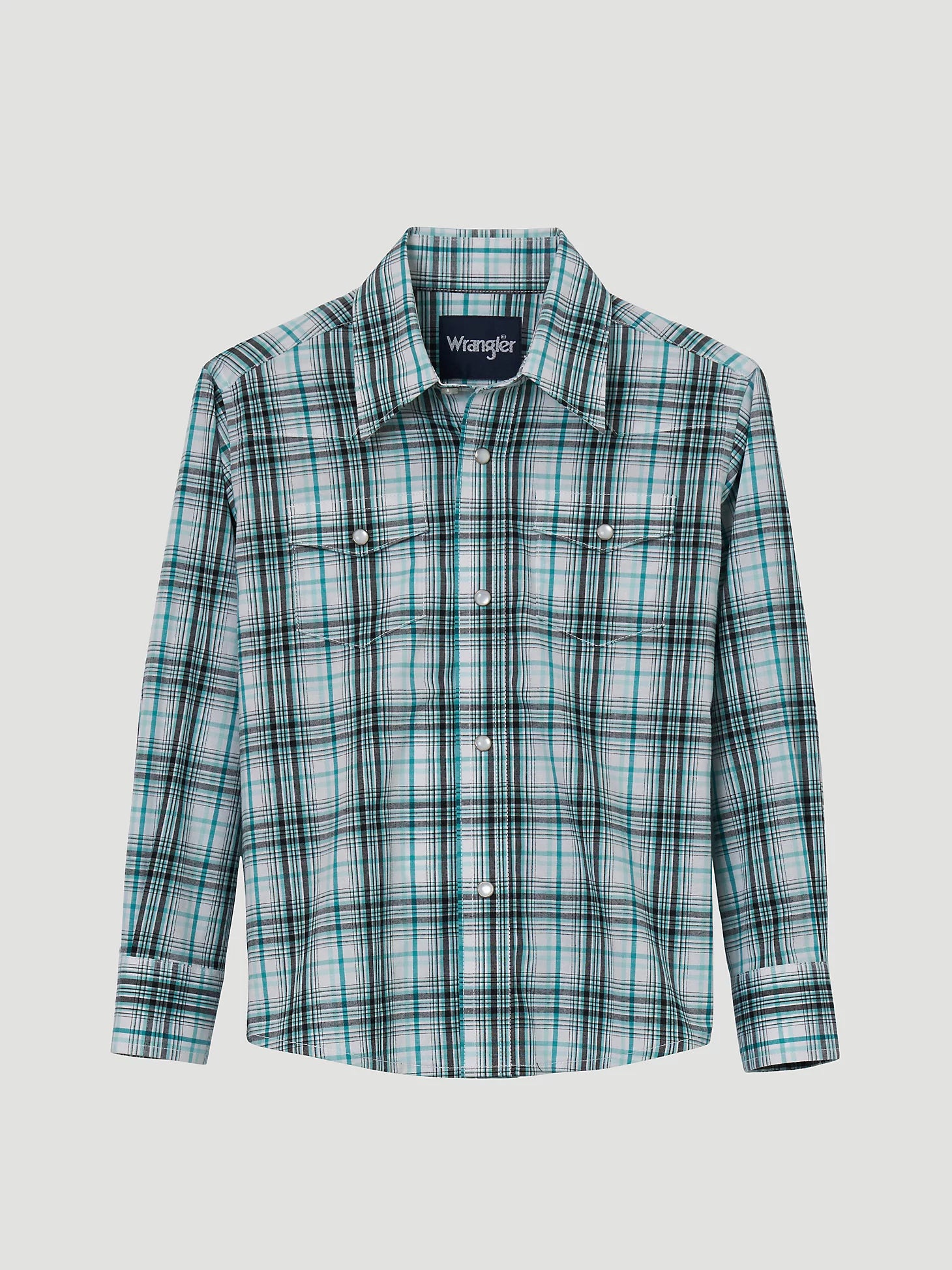 Boy's Wrangler®112344414 Classic Fit Aqua Plaid Long Sleeve Snap Shirt *CLOSEOUT*