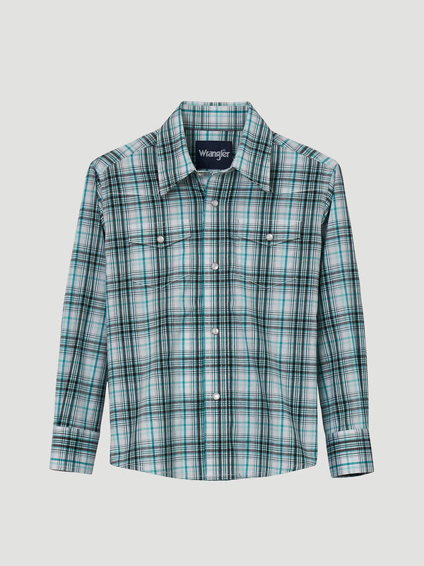 Boy's Wrangler®112344414 Classic Fit Aqua Plaid Long Sleeve Snap Shirt