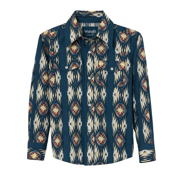 Boy's Wrangler® 112344416 Checotah Aztec Print Blue Western Snap Long Sleeve Shirt