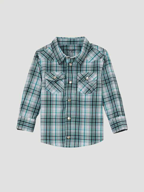 Baby/Toddler Boy's Wrangler 112344541 Aqua Plaid Long Sleeve Snap Shirt