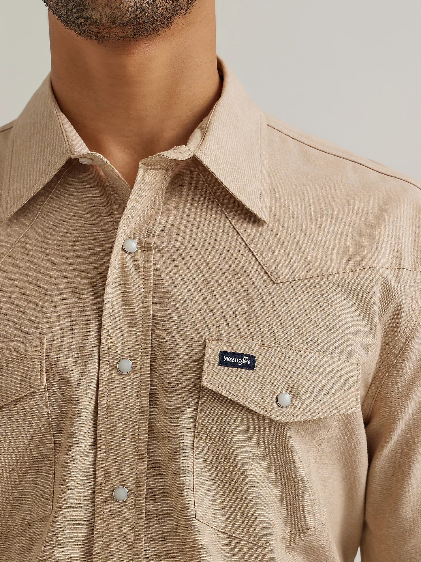 Men's Wrangler® Western Short Sleeve Chambray Workshirt in Khaki (Also Big/Tall Sizes)