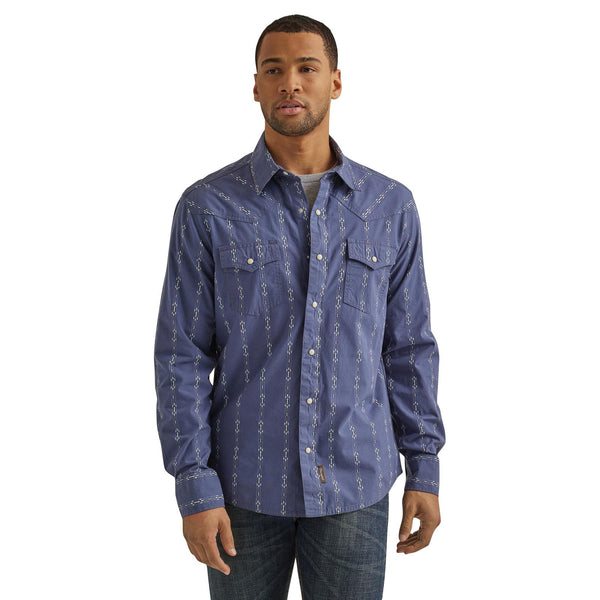 Men's Wrangler 112344560 Retro® Premium Long Sleeve Western Snap Shirt in Vintage Indigo Print