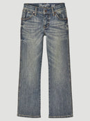 Back view of a pair of Wrangler Retro® slim fit straight leg jeans for boys with a low-rise waist and a bootcut leg.
