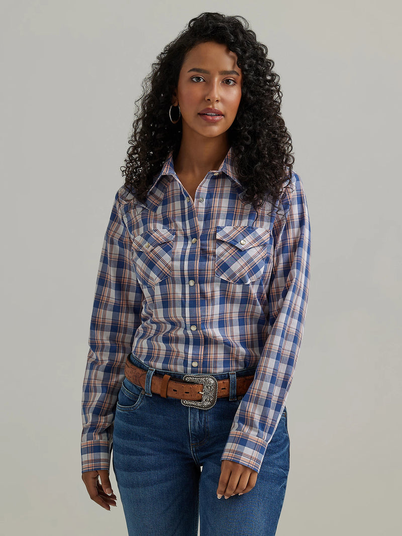 Women's Wrangler 112344637 Essential Western Anthem Blue Plaid Long Sleeve Shirt CLOSEOUT
