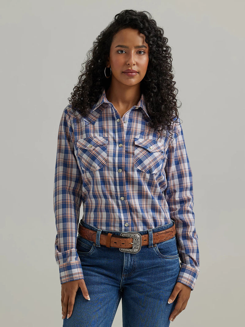 Women's Wrangler 112344637 Essential Western Anthem Blue Plaid Long Sleeve Shirt CLOSEOUT