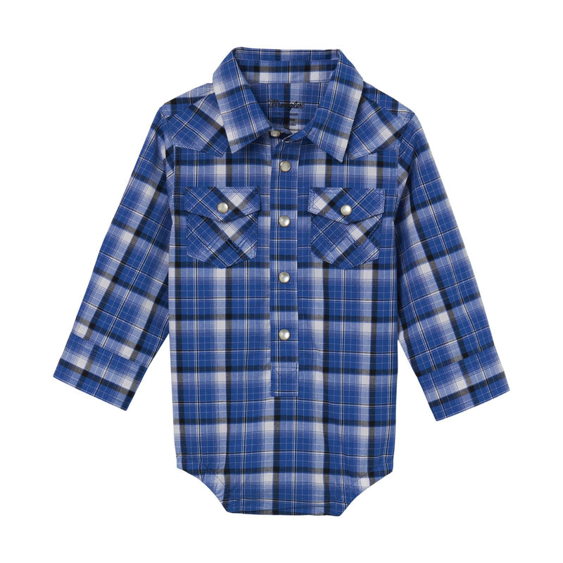 Baby Boy's Wrangler 112344678 Blue Plaid Long Sleeve Snap Bodysuit *CL