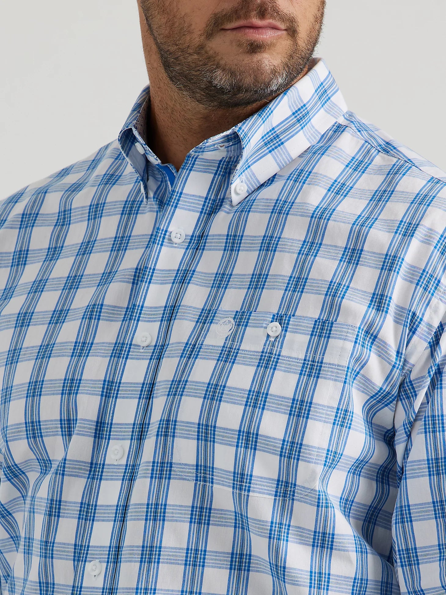 Men's Wrangler® George Strait White/Blue Plaid Long Sleeve Shirt CLOSEOUT