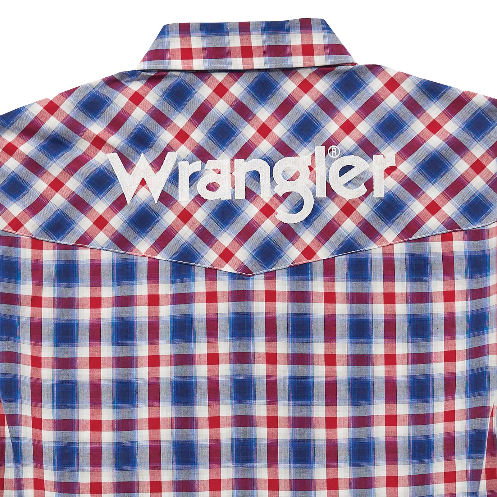 Men's Wrangler 112367731 Blue/Red Plaid on White Logo Long Sleeve Western Snap