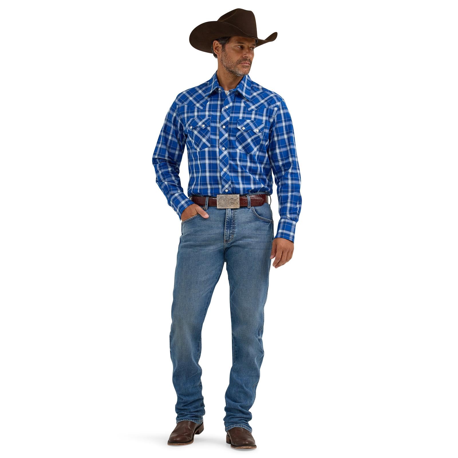 Men's Wrangler 112368078 Retro® Blue Plaid Long Sleeve Shirt - Modern Fit