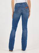 Women's Bailey Retro bootcut jeans in Josephine blue wash full back view. Shows back pockets with Wranger "W" sewn on pockets with neolite logo patch on back right pocket.