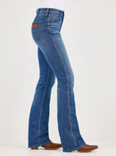Women's Bailey Retro bootcut jeans in Josephine blue wash full right side view. Shows front coin and scoop pockets, and back patch pocket. All have rivets at the top corners.